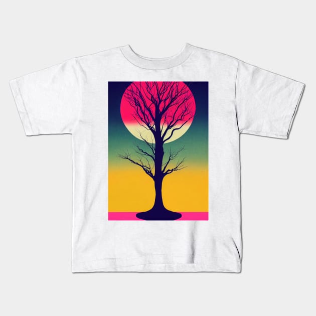 Pink Full Moon Over A Vibrant Colored Whimsical Minimalist Lonely Tree - Abstract Minimalist Bright Colorful Nature Poster Art of a Leafless Branches Kids T-Shirt by JensenArtCo